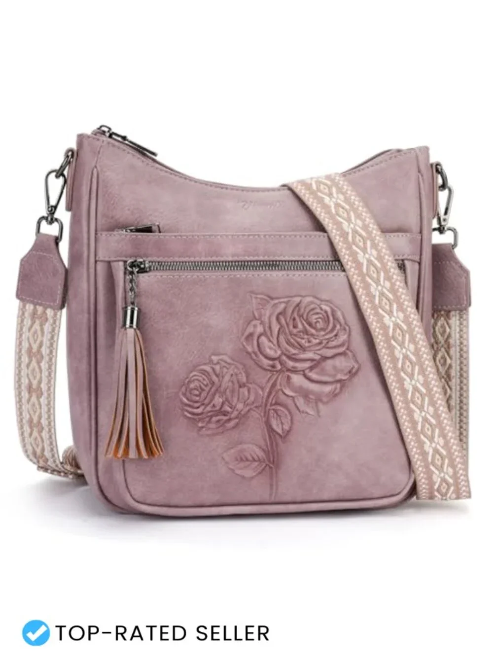 Vegan Leather Hobo Crossbody Bag Embossed Floral Rabbit Purse